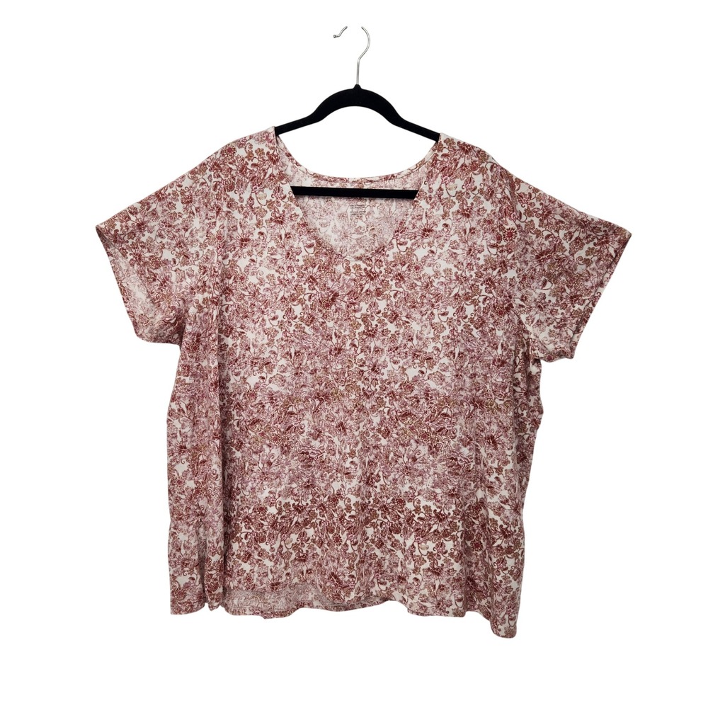 J.Jill Pure Jill Pima Cotton Floral V-Neck Short Sleeve Side Slit Tee Top 3X